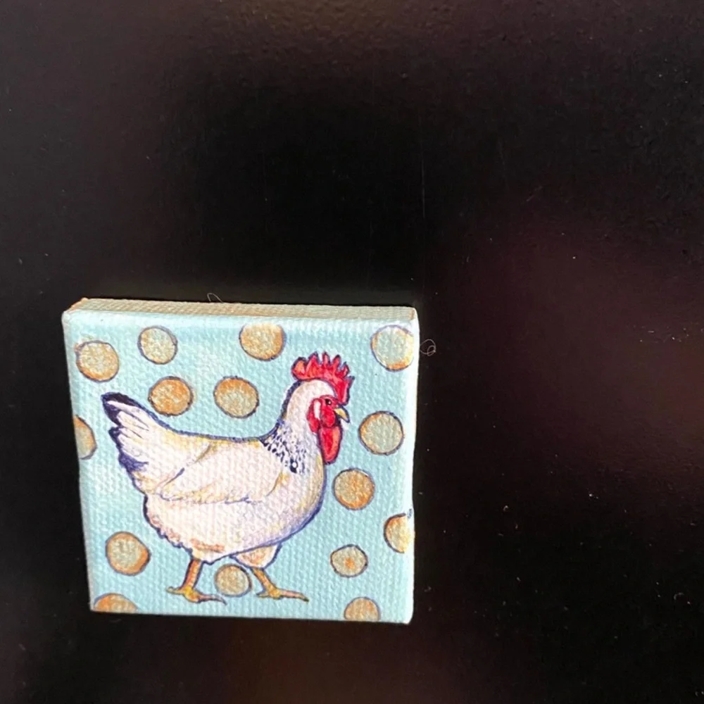 Hand painted mini art magnet rooster hen canvas gift country polka dots artwork